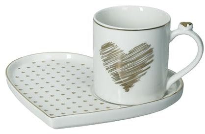 BRANDANI Set Tazza Mug con Vassoio Amore 51662 Cuore Porcellana Bone China Bianco Oro