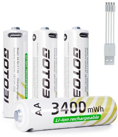Lot de 4 piles AA au lithium rechargeables USB-C 1,5 V 3400 mWh avec câble de charge USB-C 4 en 1, charge rapide 2,5 heures, cycle 1600
