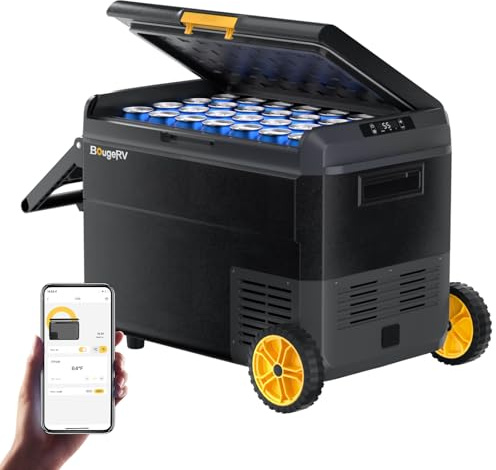 BougeRV 12 Volt Car Refrigerator, CRS 53 Quart Portable Fridge Freezer with APP Control, -4℉ to 68℉ Compressor Electric Cooler with Wheels 12/24V DC 110~240 Volt AC for Truck Van RV Camping Road Trip