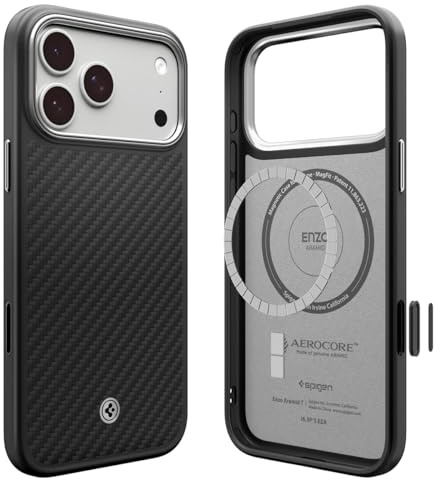Spigen iPhone 17 Pro Hülle [Spigen Premium Qualität] [2025 Upgrade Kamerasteuerung] Enzo Aramid T MagFit Case [Kevlar 1500D] Dünn Slim Stoßfest -Black Silver