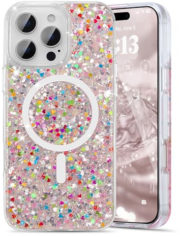 UEEBAI Glitter Case Magnetic for iPhone 15 Pro Max, Luxury Shiny Bling Sparkly Phone Case Compatible with MagSafe, Wireless Charge Crystal Diamonds Shiny Cover for Women - White