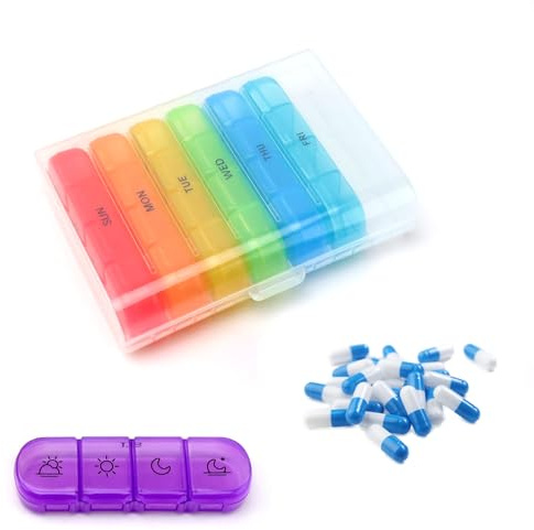 MYLERCT Medikamentenbox 7 Tage 4 Fächer, Tragbares Tabletten Box, Bunt Tablettenbox Reise, mit 4 Separaten Fächern, Tablettendispenser, für Aufbewahrung von Medikamenten, Fischöl und Vitaminen
