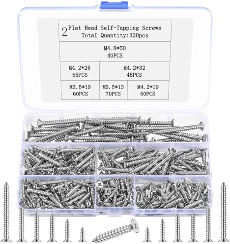 320 tornillos autorroscantes, tornillos autorroscantes, tornillos de acero inoxidable, tornillos para madera, surtido M3.5, M4.2, M4.8, juego de tornillos de cabeza plana, tornillos avellanados para