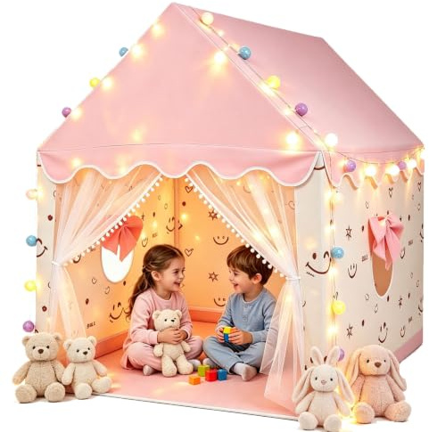 eSynic Tienda Campaña Infantil Casita Infantil Exterior Tienda de Juego para Niños con Toldo Tienda de Juegos Interior y Luces Rincón Acogedor para Niños Playhouse Infantil Casa de Juegos