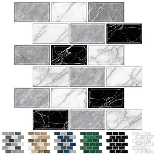 URCOLOR 10 Sheets Peel and Stick Wall Tiles Stickers, Self Adhesive Wall Tiles for Kitchen Bathroom, 30.5x30.5cm Splashback Black White Grey