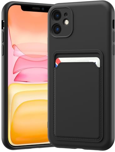 LVVFEI Custodia per iPhone 11 6,1 Pollic con Portacarte, Custodia in Silicone TPU Antiurto Integrata, Cover con Fessura per Carte di Credito Design Finitura Opaca, Nero