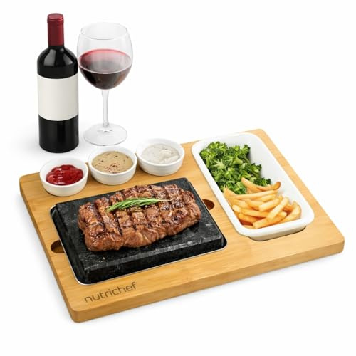 NutriChef Sizzle Set de Piedra Caliente de Granito Natural, Parrilla de Sobremesa con Base de Bambú, Cuencos de Cerámica y Bandeja de Acero Inoxidable para Carne, Mariscos y verduras