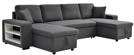 Vente-unique-Panorama-Ecksofa mit Schlaffunktion & Bettkasten + Sessel – Stoff - Anthrazitgrau – Selim