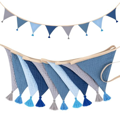Girlande Wimpelkette, 2.6m Musselin Baumwolle Stoff Wimpelkette mit Quasten | Babyzimmer Deko Wimpel, Wetterfest Wimpelkette Outdoor Kinderzimmer für Mädchen und Junge