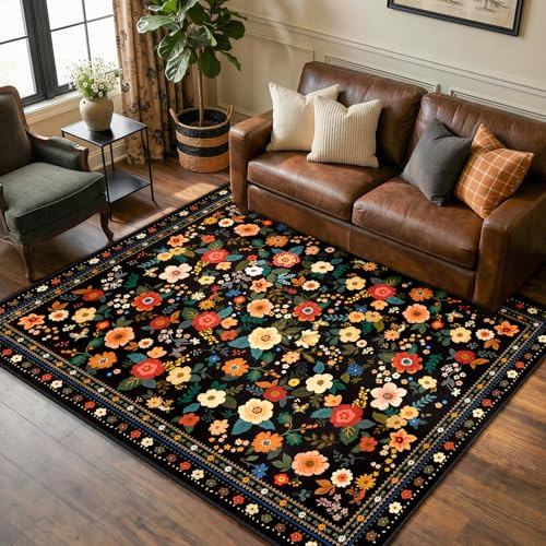 INOVADAY Waschbarer Teppich 150x210 cm Schwarz Wohnzimmer Teppich | Schlafzimmer, Küche, Eingangshalle, Badezimmer, Esszimmer, Kurzflor, Rutschfest, Blumen Print, Boho, Weich, Pflegeleicht