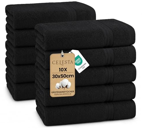 CELESTA Gästehandtücher 30x50 cm 10er‑Set, 100% Baumwolle Frottee, Schwarz | OEKO‑TEX zertifiziert, Frottee‑Handtücher aus Baumwolle, weich & saugstark, ideal für Gästezimmer, Waschbecken, Küche, Reise