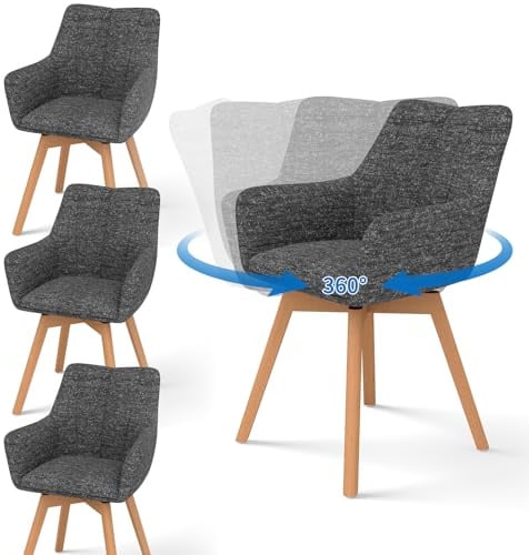 WAFTING Esszimmerstühle 4er Set Drehbar 360° mit Holzbeinen, Grau | Tweed-Stoff, Armlehnstuhl, Moderner Polsterstuhl, Drehstuhl, Esszimmerstuhl Drehbar, Wohnzimmer, Arbeitszimmer, Schlafzimmer