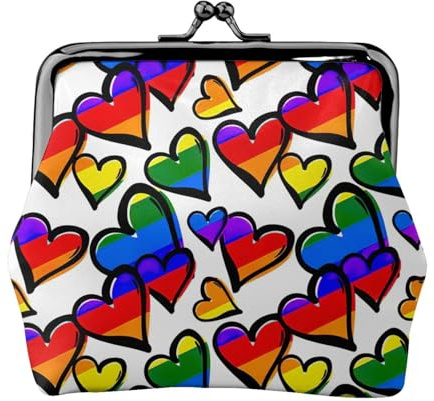 Porte-monnaie vintage en cuir PU léger pour femme avec fermeture à glissière Motif cœurs Gay Pride arc-en-ciel