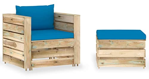 HETFTJN 2-TLG. Garten-Lounge-Set aus Kiefernholz, Palettenmöbel-Garnitur mit Kissen Hellblau, Modulare Sitzgruppe für Terrasse und Garten, Sessel und Tisch