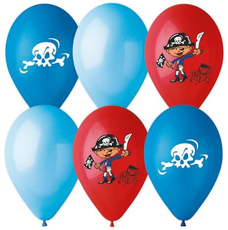 6 Luftballons bunt sortiert bedruckt mit Piratenparty, 28-30 cm/11 inch