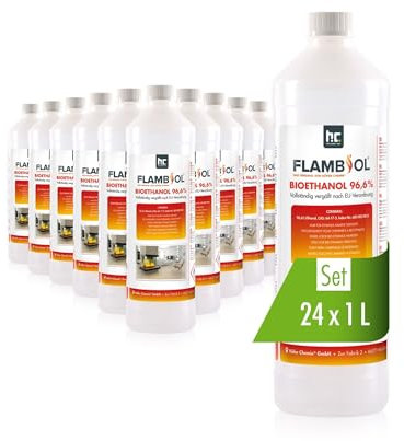 Höfer Chemie Bioethanol 96,6% Premium 24 x 1 L - Ethanol für Tischkamin, Kamin & Gartendeko für Draußen - Rauch- und Rußfrei - Aus Mais & Zuckerrüben