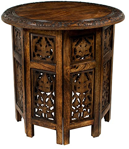 Cotton Craft Jaipur Couchtisch aus massivem Holz, handgeschnitzt, 45,7 cm runde Tischplatte x 45,7 cm hoch, Antikbraun