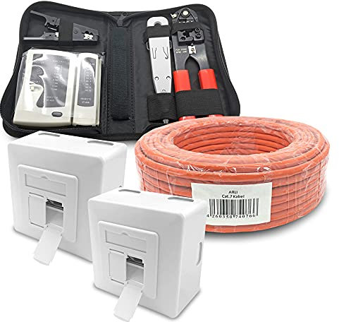 ARLI CAT 7 50m Verlegekabel Netzwerkkabel CAT.7 + 2x Netzwerkdose Cat6a + 1x Werkzeugset Crimpzange Abisoliermesser Tester Netzwerk Werkzeug Set 4 in 1 S/FTP CAT7 PIMF Kabel AWG23/1 Ethernet 50 m
