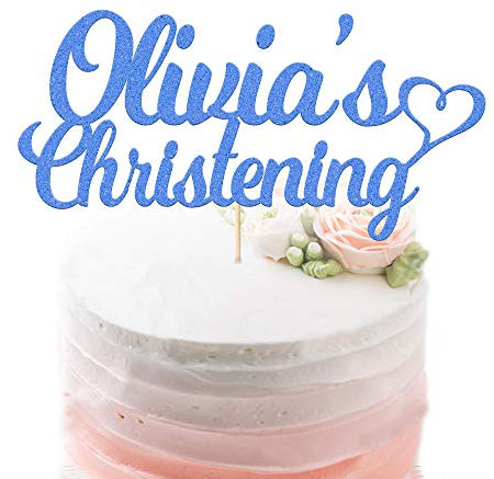 Personalised Christening Cake Topper | Christening Cake Decorations | Personalised with Name, Baptism Baby Name, Christening Name | First Communion | Double Sided Glitter Hand Finished in UK(Blue)