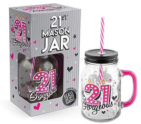 Lesser & Pavey 21st Birthday Cocktail Drinking Mason Jar With Metal Lid Glass Handle and Pink/White Straw 500ml - Lovely 21st Birthday Gift Idea