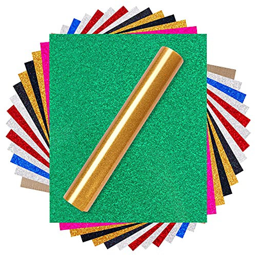 HTVRONT Glitzer Plotterfolie Textil 30,48 cm x 25,4 cm 15 Stück Flexfolie für T-Shirts und Stoffe