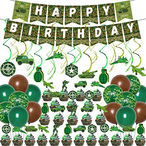 Kreatwow Camouflage Geburtstagsfeier Dekorationen Grüne Camo Luftballons Alles Gute zum Geburtstag Banner Hängende Strudel Cupcake Toppers für Jungen Mädchen Erwachsene Veteran