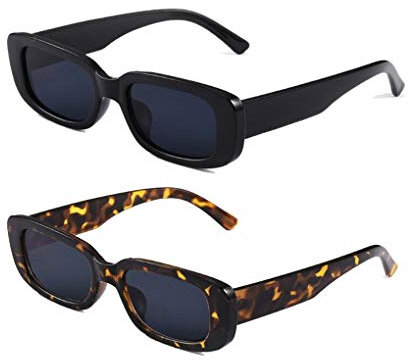 Long Keeper Sonnenbrille Damen Vintage Rechteckig 90s Retro Sonnenbrille Für Damen Herren Mit Uv Schutz (Schwarz+Leopardgrau)