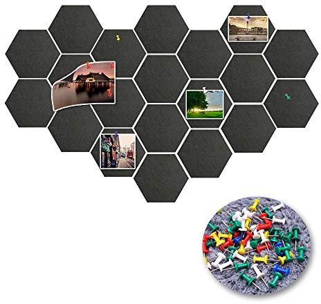 20 Pièces 14 x 12 cm Panneau de Liège Hexagonal, Tableau d'affichage Feutre Hex Auto-adhésif, Tableau en Liège Mural avec 20 épingles pour la Maison Bureau Classe Décor de Mur (Noir)