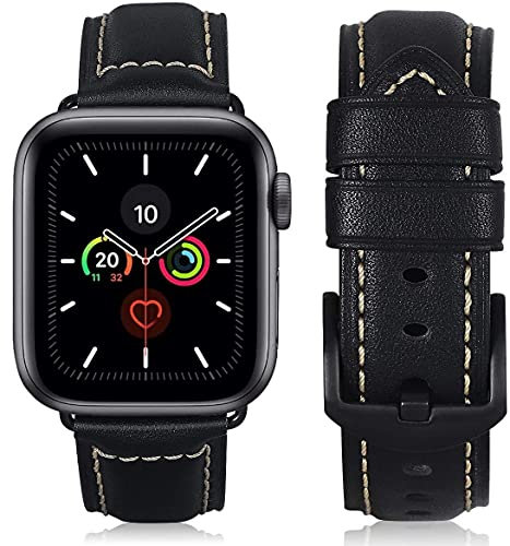 HUAFIY Leder Armband für Apple Watch Armband 49mm45mm 44mm 42mm, Herren Damen Ersatz Original Lederband für iWatch Serie 10 9 8/7 6 5 4 3 2,Ultra,Ultra2 (Schwarz/schwarze Schnalle, 42mm44mm45mm49mm)