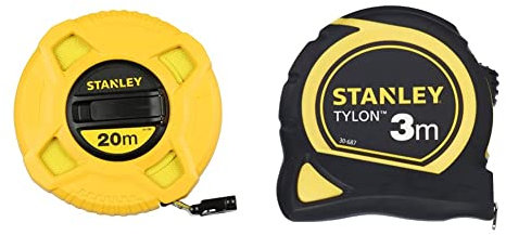 Stanley 0-34-296 mètre Ruban 20 m x 12,7 mm en Fibre de Verre 40 Brins - Précision Classe III - Graduation Tous les 2mm - Jaune Fluo Plus Lisible -Revêtement PVC & Mesure 3 m x 13 mm bi-matière Tylon