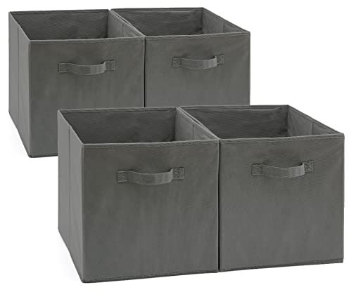 EZOWare Set of 4 Fabric Basket Bin, Collapsible Organizer Storage Cube with Handles for Bedroom, Baby Nursery, Office, Kids Playroom Toys - Gray/Gray 33x37x33cm