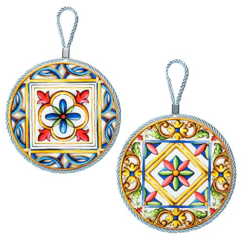 Piatto Ceramica Decorato da Appendere Set da 2, Decorazioni cucina da Appendere con Gancetto, Stile Piastrelle Siciliane Maiolica, Piatti da Parete 16x 16 cm con Retro in Sughero