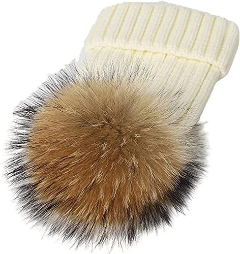 ANZII Damen Echtfell Waschbär Fell Pelz Bommel Strick Mütze Winter-Mütze Bommelmütze warme Schirmmützen