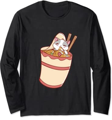 Adorable chat kawaii mangeant des nouilles instantanées dans un bol à nouilles Manche Longue