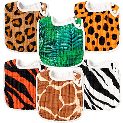 GROBRO7 6Pcs Leopardenmuster Baby Snap Lätzchen Baumwolle Neugeborenen Sabberlätzchen mit verstellbaren Druckknöpfen für Kleinkind, weiche saugfähige Baby Geschenke, Maschine waschbar (0-36 Monate)