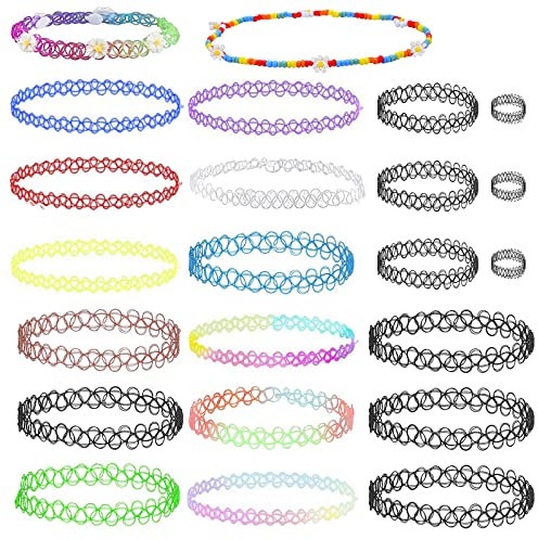 GoldRock 23 Stück Choker Halsband Tattoo kette 90s Set, Tattoo Halskette Mädchen Damen, 90er Jahre Accessoires,17x Choker Gothic,3x Armbänder,3x Ringe Schwarz,Neon Choker Kette,Tattoo Choker Kinder