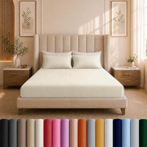 Moonlight Bedding Double Fitted Sheet - 25cm Deep Pockets Ultra Soft Brushed Microfiber Cream Double Fitted Bed Sheets Breathable, Fade Resistant Easy Care Double Bed Sheet (137 x 190 Cm)
