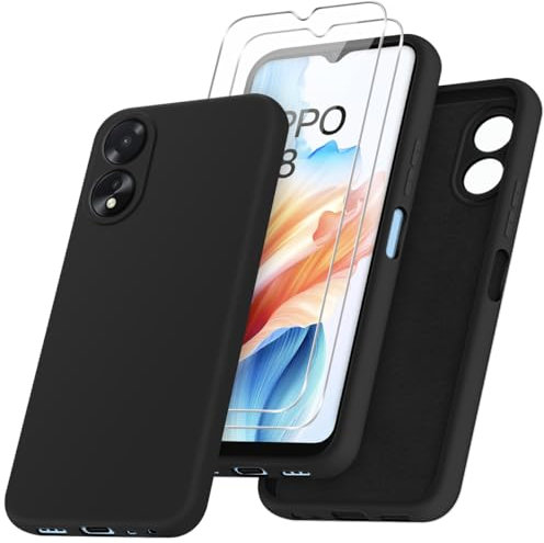 Cover Compatibile con Oppo A18 4G / Oppo A38 4G, con 2 Pezzi Vetro Temperato Pellicola Protettiva, Morbido e Silicone Case, Antimpronta e Antigraffio Custodia - Nero