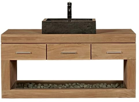 Teako Design Waschbeckenunterschrank Boras Teak Massivholz hängend, Badezimmerschrank, Hängeschrank Teakholz, Badmöbel, Unterschrank Badezimmer, Waschtischunterschrank hängend (90)