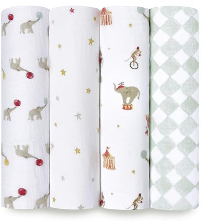 aden + anais Essentials Disney Baby Muslin Swaddle Blankets, Newborn Receiving Blanket for Swaddling, 100% Cotton Baby Swaddle Wrap, 4 Pack, Elephant Circus