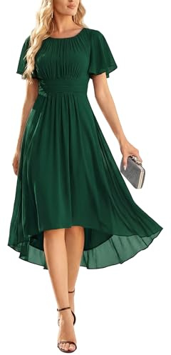Ever-Pretty Women's Chiffon Crew Neck Empire Waist Short Sleeve Semi Formal Dresses Wedding Guest Dress Dark Green US06