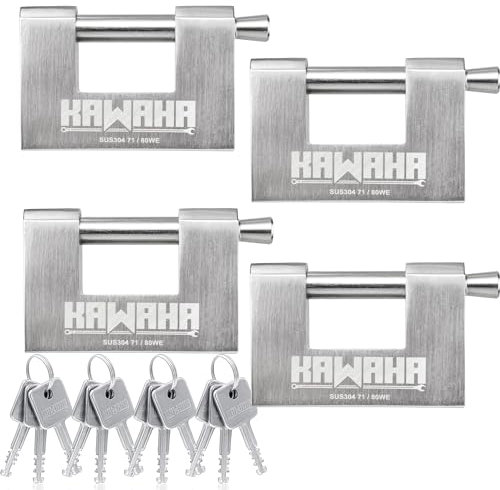 KAWAHA 71/80-4PS Candado en forma de D de acero inoxidable con llaves de acero inoxidable para puerta de garaje, contenedores, cobertizo, casillero y almacén (3-1/8 pulgadas, con llave igual, paquete