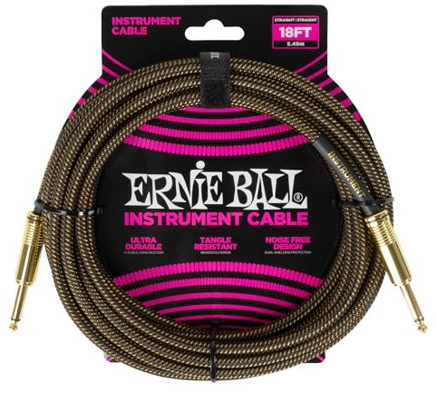 Ernie Ball Geflochtenes Instrumentenkabel, gerade/gerade, 5,5 m, Goldfarben (Pay Dirt) (P06432)