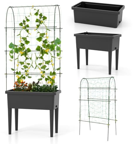 COSTWAY Huerto Urbano Elevado con Enrejado Trepador, Cama Elevada de Jardín con Riego Automático, Indicador de Nivel de Agua, Orificio de Drenaje para Verduras, Frutas, Hierbas, Plantas Trepadoras