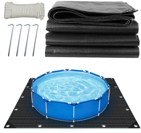 Roadtime Bâche de sol de piscine, 120 g/m², carrée, épaisse, avec 4 crochets et cordon en nylon de 20 m, avec trous, imperméable et indéchirable (4 x 4 m, noir)