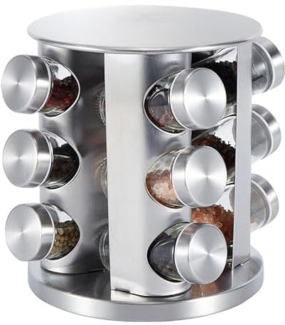 Buckingham Stainless Steel Rotating Spice & Herb Rack including Glass Jars, Carousel Organizer for Kitchen Spices and Herbs (12 Jars)