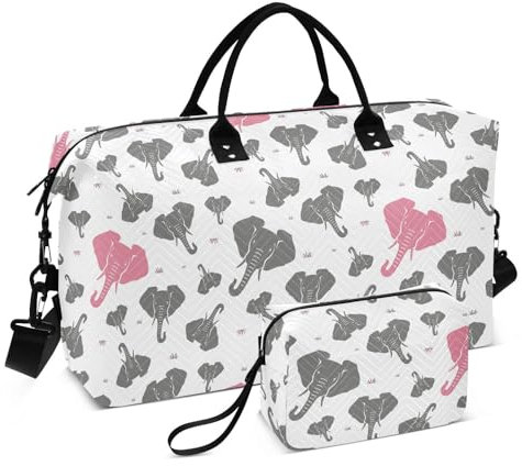 Große Tasche mit niedlichem Elefantenmotiv, Wochenendtasche, Turnbeutel mit verstellbarem Riemen für Reisen, 2-teiliges Set, Niedliches Elefanten-Tier, 1 size