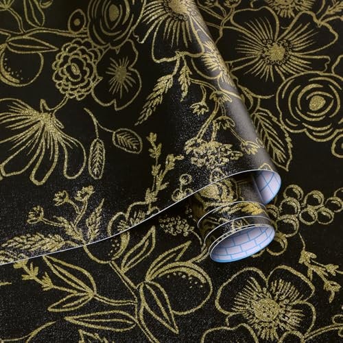 LiKiLiKi Self Adhesive Wallpaper Black and Glod Floral Wallpaper 44cm x 3m Sticky Back Wallpaper Waterproof and Removable Contact Paper Vinyl Wrap for Living Room Bathroom Peel and Stick Cabinet