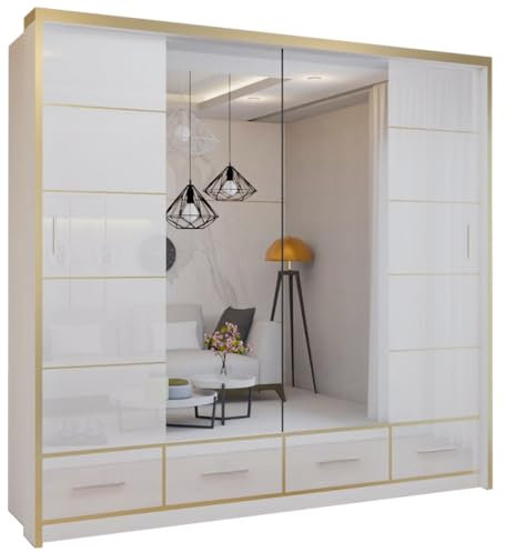 FURNITUREWAVE High Gloss Sliding Mirror Door Wardrobe Armoire Clothes Organizer for Bedroom (White & Gold, 203cm)