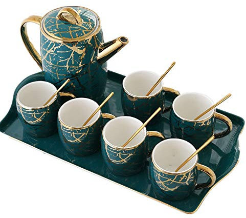 UHJKLA Juego de té Juego de Tazas de té de cerámica Adornos Dorados de Lujo Creativos 6 Piezas Taza y Cuchara de té con Tetera Bandeja de cerámica Juego de té de cerámic